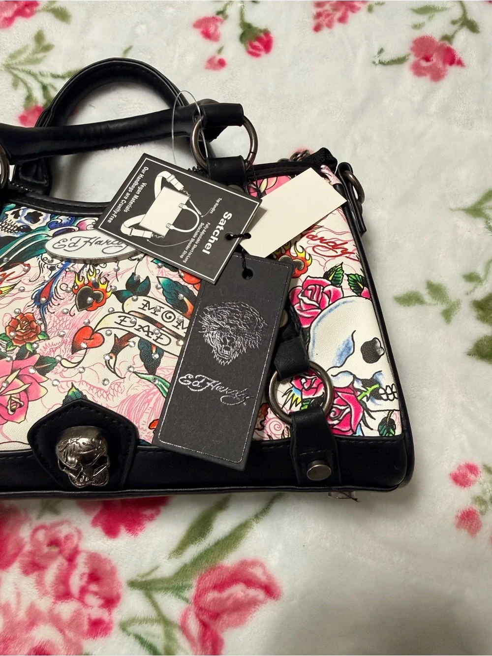 Ed Hardy Pink Floral & Skull Tattoo-Print Satchel with Black Trim
